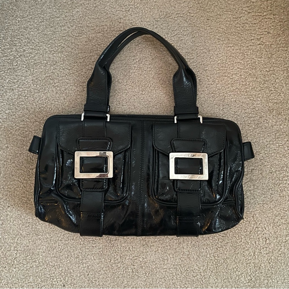 Roger Vivier Black Patent Leather Satchel Bag Silver Buckle Y2K Shoulder Purse